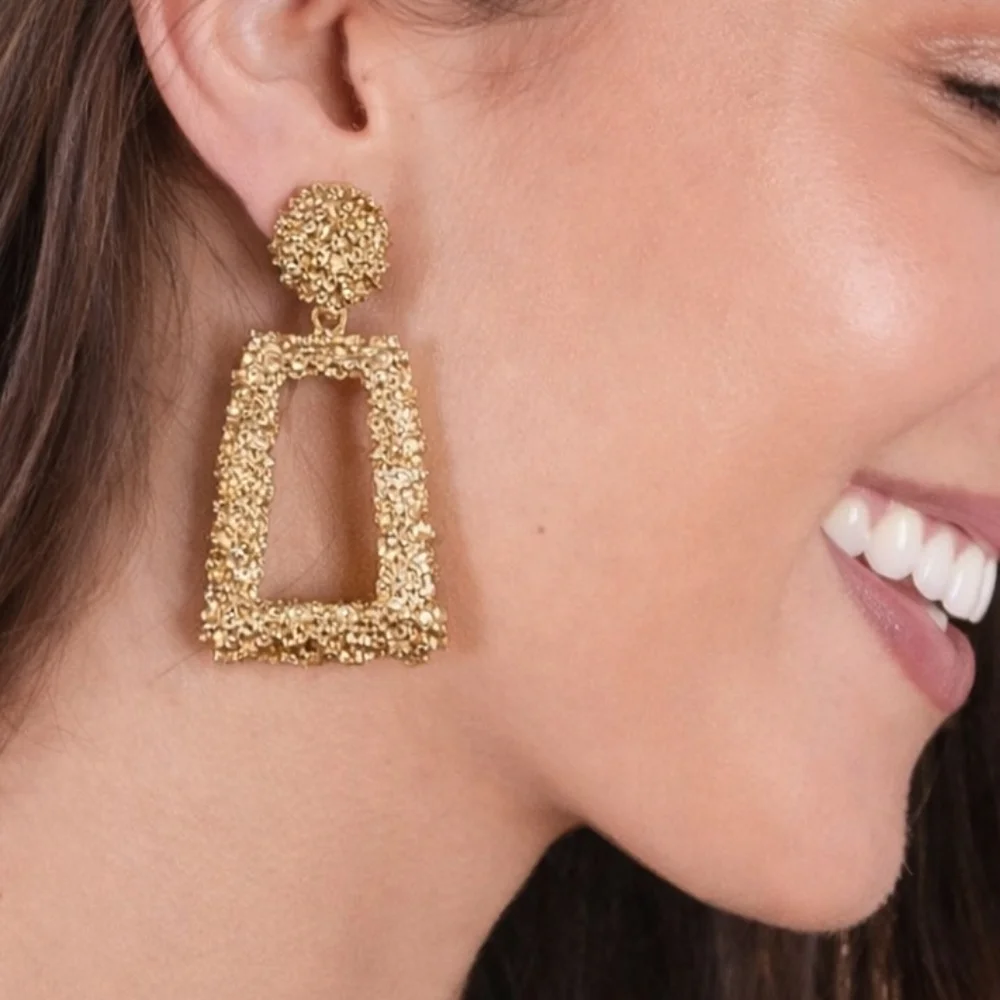 Gold Textured Drop Statement Earrings.